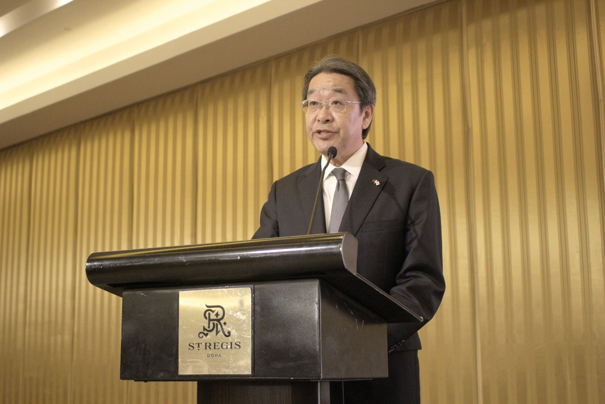 Ambassador of Japan to Qatar H E Satoshi Maeda delivering his speech at the event.