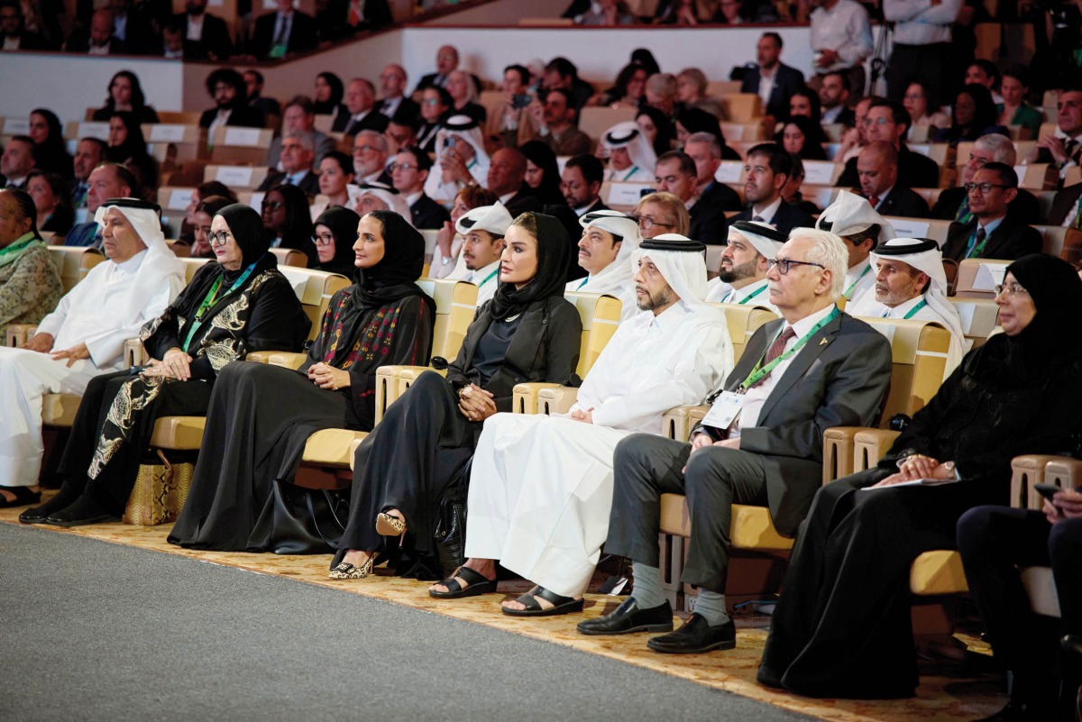 Chairperson of Qatar Foundation H H Sheikha Moza bint Nasser; Minister of Public Health H E Mansoor bin Ebrahim bin Saad Al Mahmoud; Vice-Chairperson and CEO of Qatar Foundation H E Sheikha Hind bint Hamad Al Thani; and other dignitaries at the opening session of the conference yesterday. 