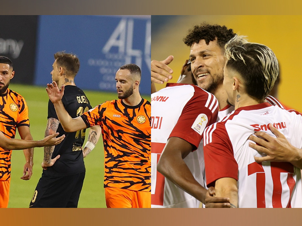 Umm Salal players celebrate after scoring a goal against Al Rayyan (L); Al Arabi's Youssef Msakni celebrates with teammates after scoring his team's second goal against Al Shamal (R)