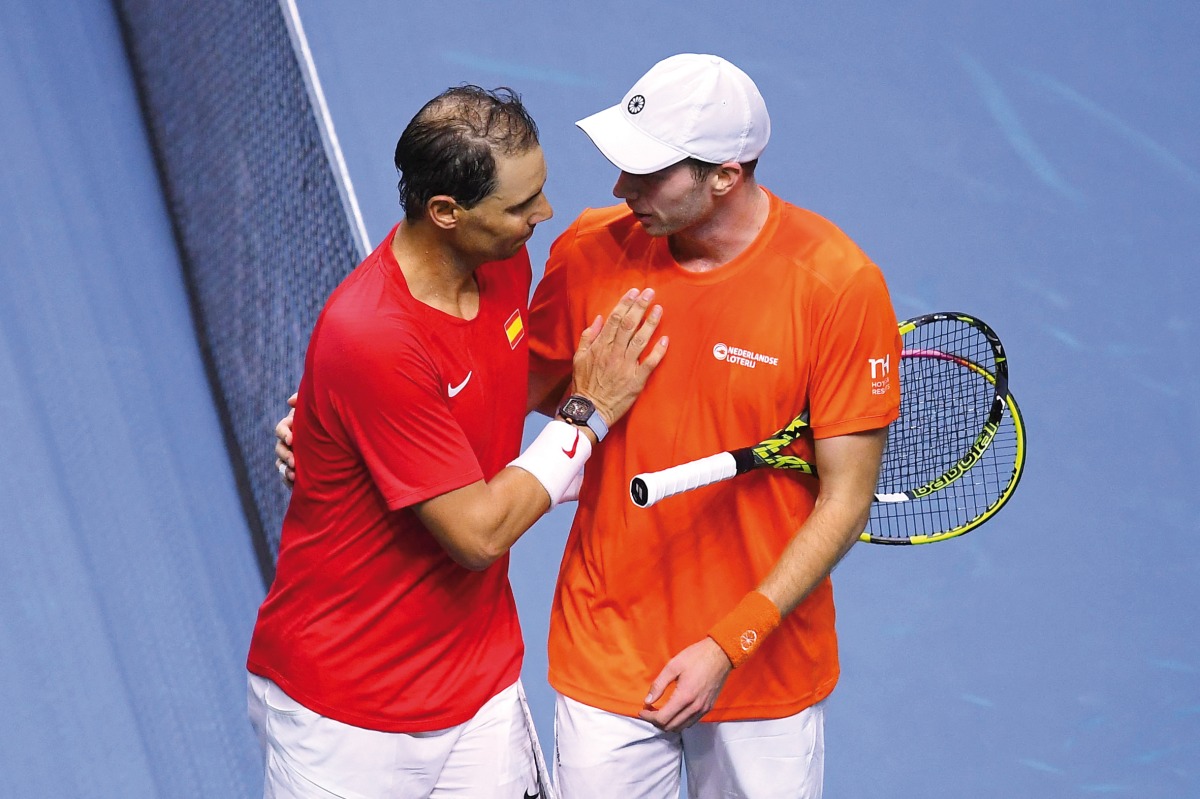 Spain’s Rafael Nadal greets Netherlands’ Botic van de Zandschulp at the end of the quarter-final singles match yesterday. 