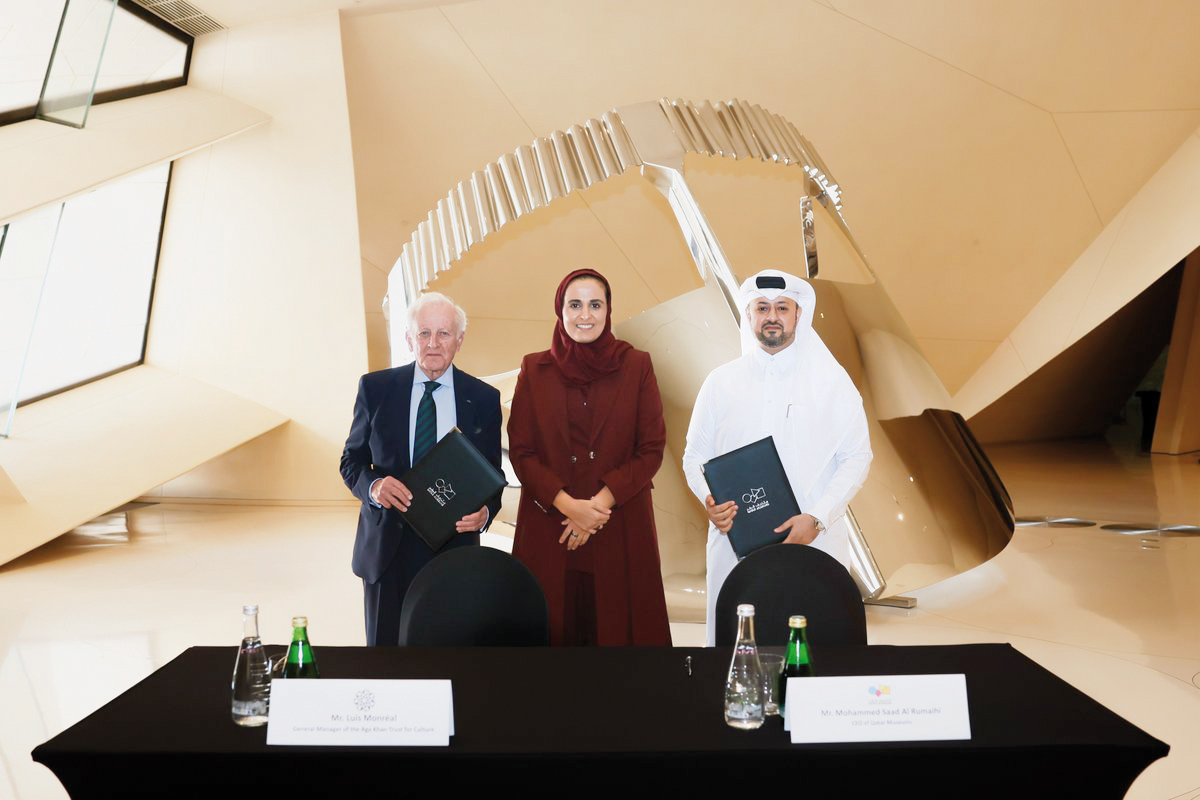 Chairperson of Qatar Museums H E Sheikha Al Mayassa bint Hamad bin Khalifa Al Thani (centre) and other officials at the agreement signing ceremony.