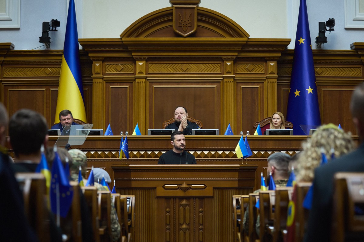 In this handout photograph taken and released by the Ukrainian Presidential Press Service on November 19, 2024, Ukraine's President Volodymyr Zelensky addresses members of the Ukrainian parliament in Kyiv. Photo by Handout / UKRAINIAN PRESIDENTIAL PRESS SERVICE / AFP.