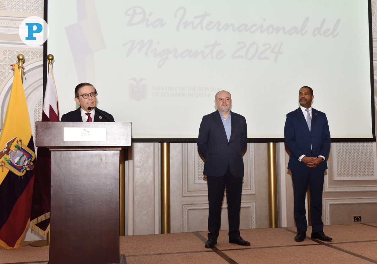 Ambassador of Ecuador to Qatar, H E Pascual Del Cioppo addressing the event. Ambassador of Haiti to Qatar Jean-Marie Francois Junior Guillaume (right); Minister Counsellor, Ecuador Embassy in Doha, Dr. Marcelu Nunez (centre) are also seen. Pic: Salim Matramkot / The Peninsula