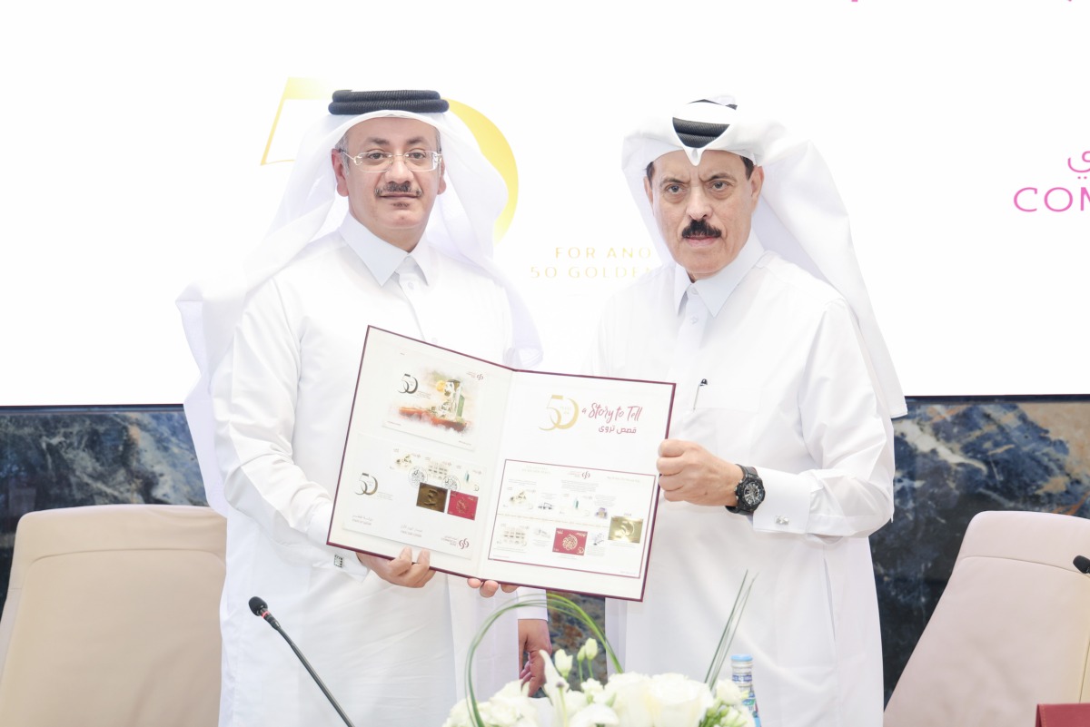 Board Member of Commercial Bank, Abdul Rahman bin Hamad Al Attiyah, and Chairman and Managing Director of Qatar Post, Faleh bin Mohammed Al Naemi during the press conference, on November 24, 2024.  