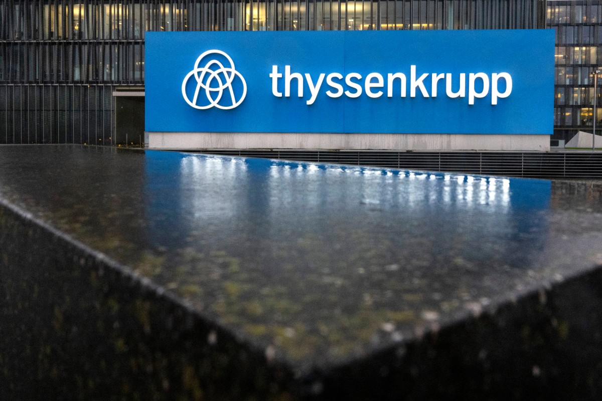 A photo shows the logo of German industrial giant Thyssenkrupp before their annual news conference at their headquarters in Essen, western Germany on November 19, 2024. (Photo by Ina FASSBENDER / AFP)