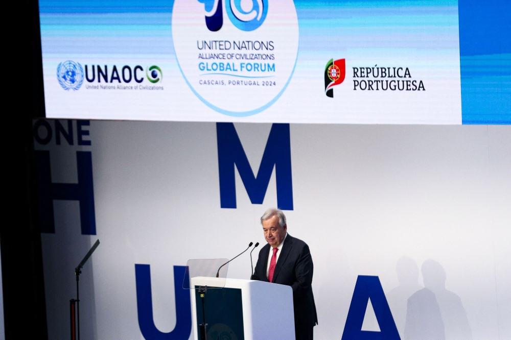 United Nations Secretary-General Antonio Guterres delivers a speech during the 10th Global Forum of the United Nations Alliance of Civilizations, in Cascais, Portugal, on November 26, 2024. (Photo by CARLOS COSTA / AFP)