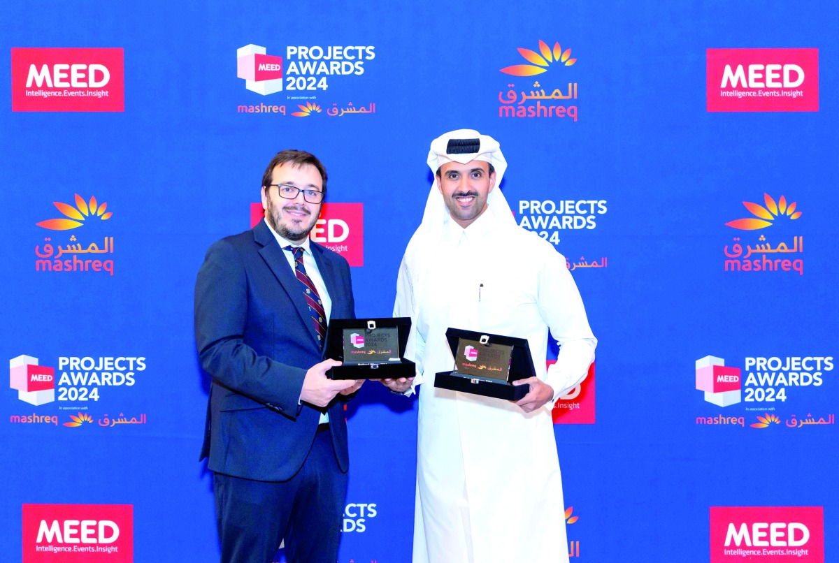 Manager of Engineering Services at QFZ Ali Khalid Al Hajri receiving the award at MEED Project Awards 2024.