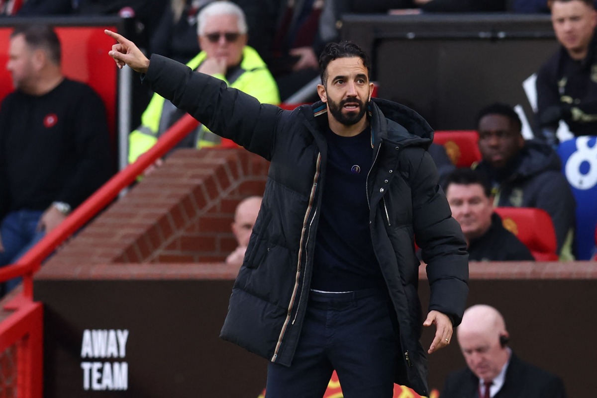 Manchester United's Portuguese head coach Ruben Amorim gestures on the touchline during the English Premier League football match between Manchester United and Everton at Old Trafford in Manchester, north west England, on December 1, 2024. (Photo by Darren Staples / AFP)