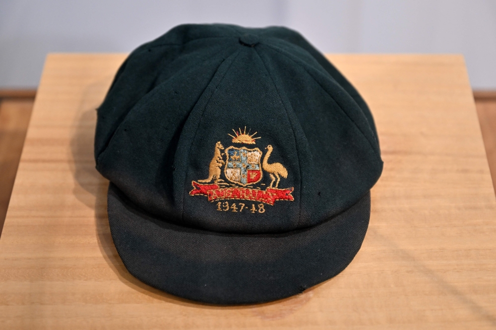 A cap worn by Australia's greatest cricket legend Don Bradman is on display at an auction house Bonhams in Sydney on December 2, 2024. (Photo by Saeed Khan / AFP)