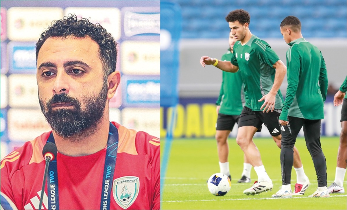 (Left) Al Wakrah coach Ali Rahma Al Marri during a press conference, (Right) Al Wakrah players take part in a training session.