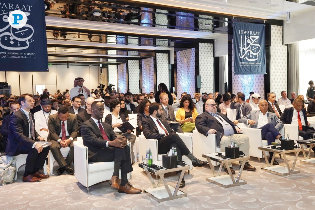  US ambassador to Qatar H E Timmy Davis (front, left); and Dean Safwan Masri (front; second right) among the other participants during the ninth edition of Georgetown University in Qatar’s (GU-Q) Hiwaraat series held yesterday.  PICs: Ahmed Barakat / The Peninsula