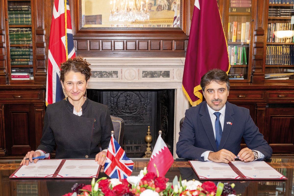 Director General of QFFD Fahad Al Sulaiti (right) and President of Turquoise Mountain Shoshana Stewart during the agreement signing ceremony.