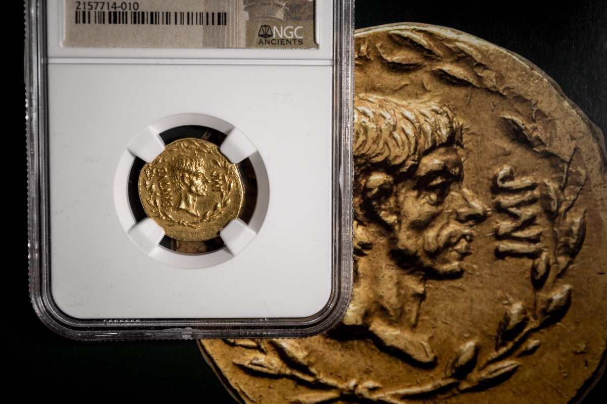 A rare Roman gold coin bearing the image of Brutus, the famed assassin of Julius Caesar, is diplayed at the Numismatica Genevensis (NGSA) auction house in Geneva on December 4, 2024.