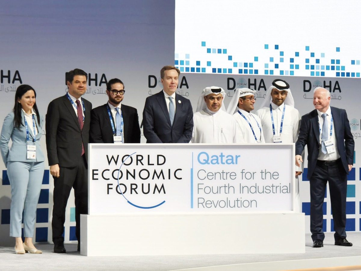 Minister of Finance H E Ali bin Ahmed Al Kuwari (fourth right), President and CEO of World Economic Forum Børge Brende (fourth left) and other dignitaries during the inauguration of Centre for the Fourth Industrial Revolution, at Doha Forum yesterday.