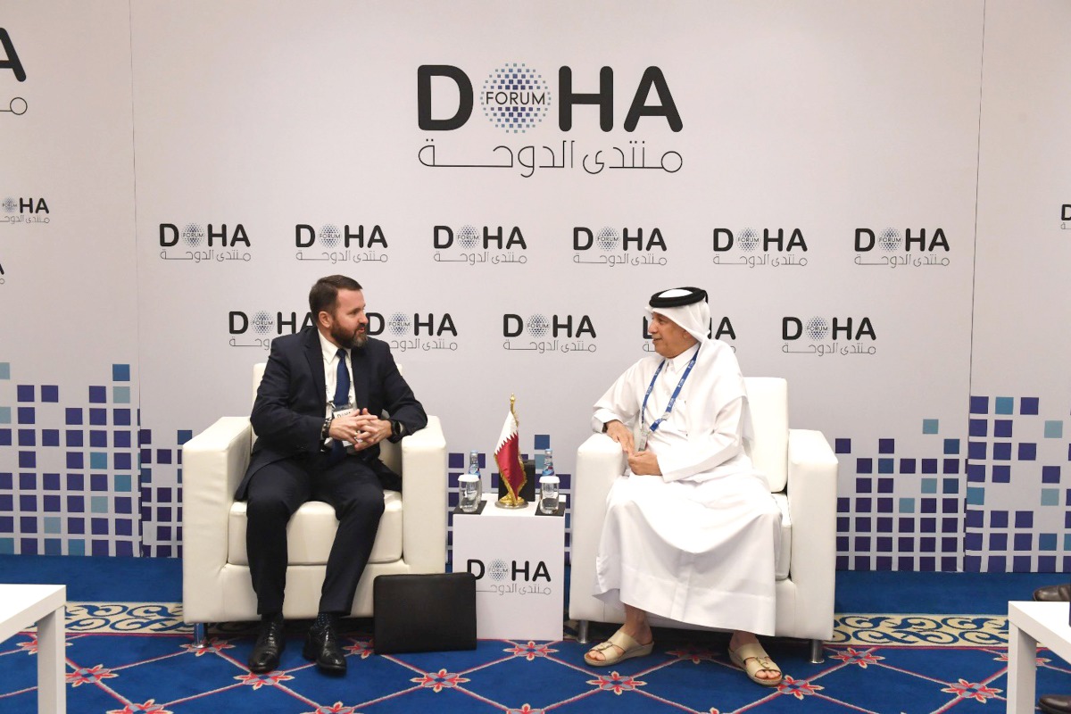 Minister of State for Foreign Affairs H E Sultan bin Saad Al Muraikhi meeting with Deputy Minister of Foreign Affairs of Poland and Under-Secretary of State for Security Policy H E Robert Kupiecki on the sidelines of the Doha Forum, yesterday.