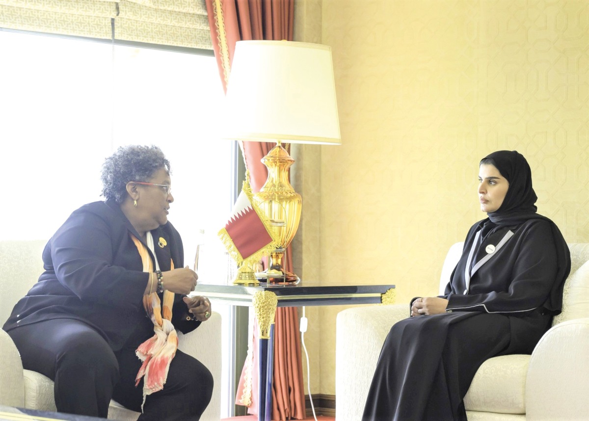 Prime Minister of Barbados H E Mia Mottley meeting with Minister of State for International Cooperation H E Maryam bint Ali bin Nasser Al Misnad.