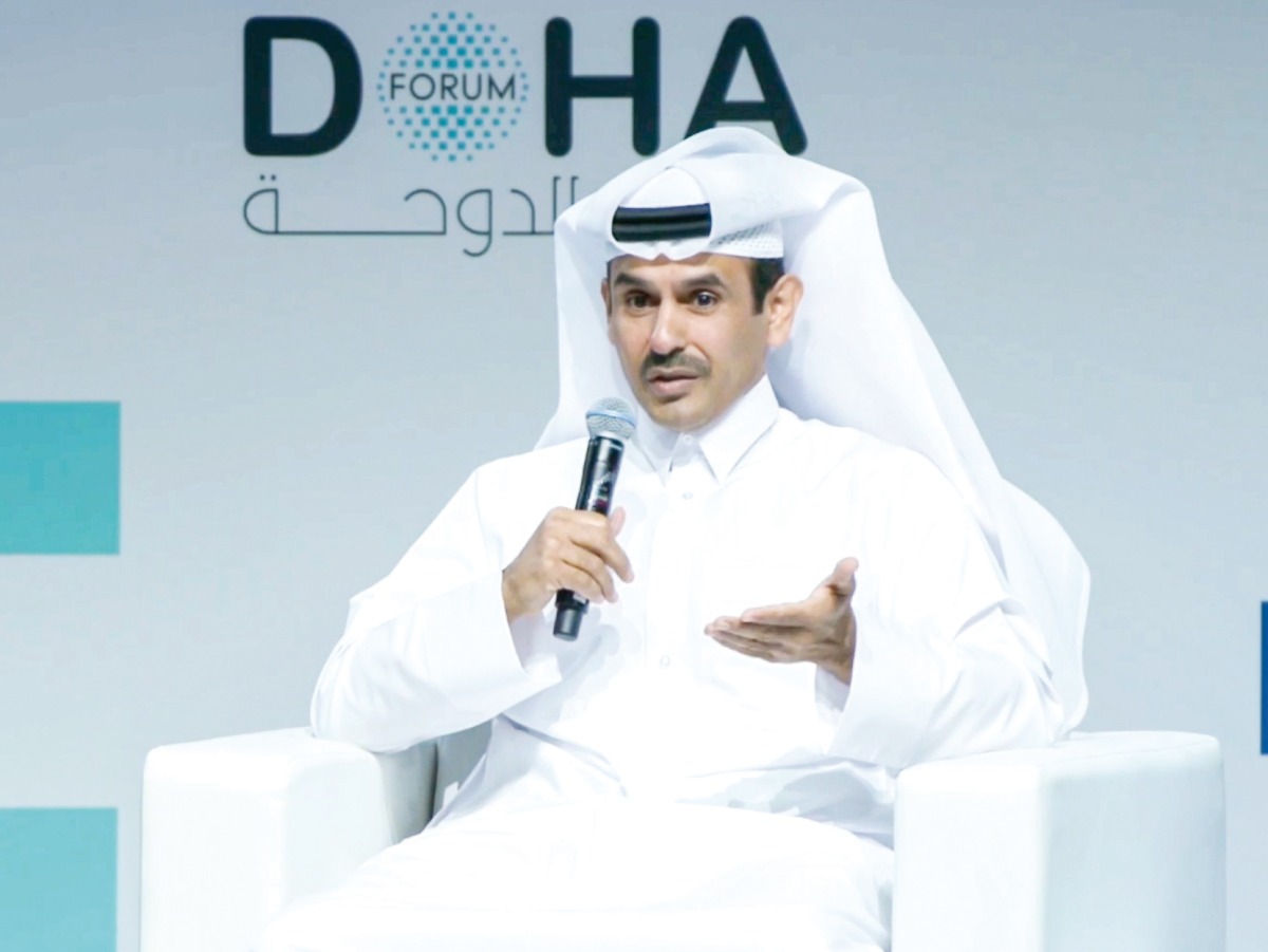 Minister of State for Energy Affairs and the President and Chief Executive Officer of QatarEnergy, H E Saad bin Sherida Al Kaabi speaking at the Doha Forum, yesterday.