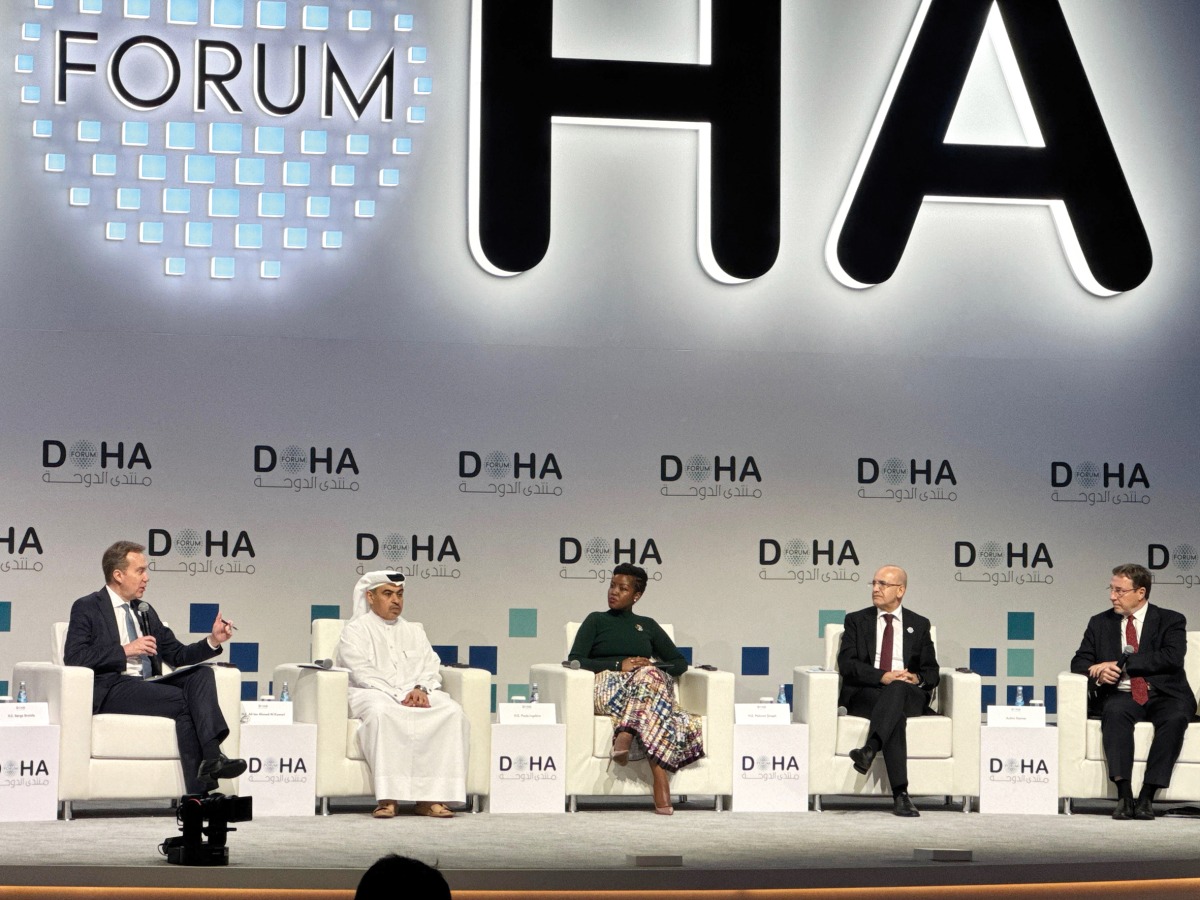 Minister of Finance H E Ali bin Ahmed Al Kuwari with other dignitaries during the panel discussion held on the sidelines of Doha Forum 2024, yesterday.  