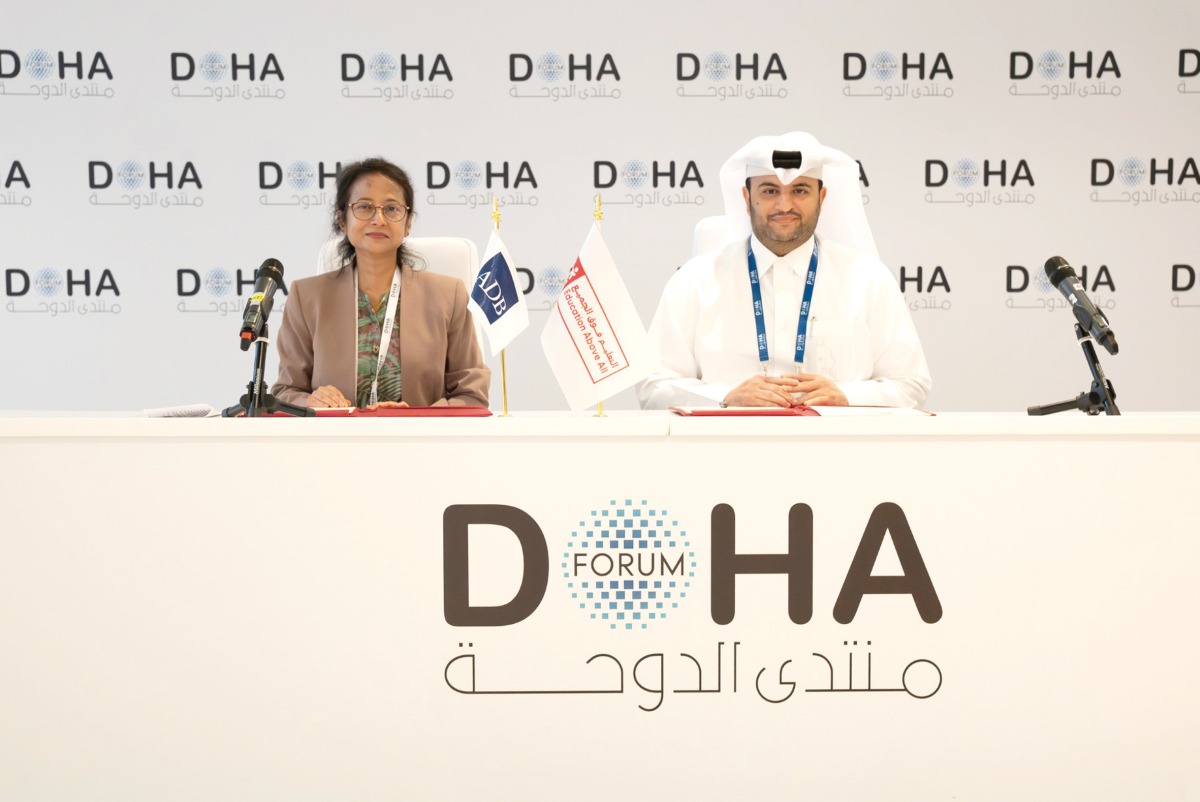 EAA Acting CEO, Mohamed Saad Al Kubaisi; and ADB Vice-President for Sectors and Themes, Fatima Yasmin during the signing ceremony at the Doha Forum 2024, yesterday.