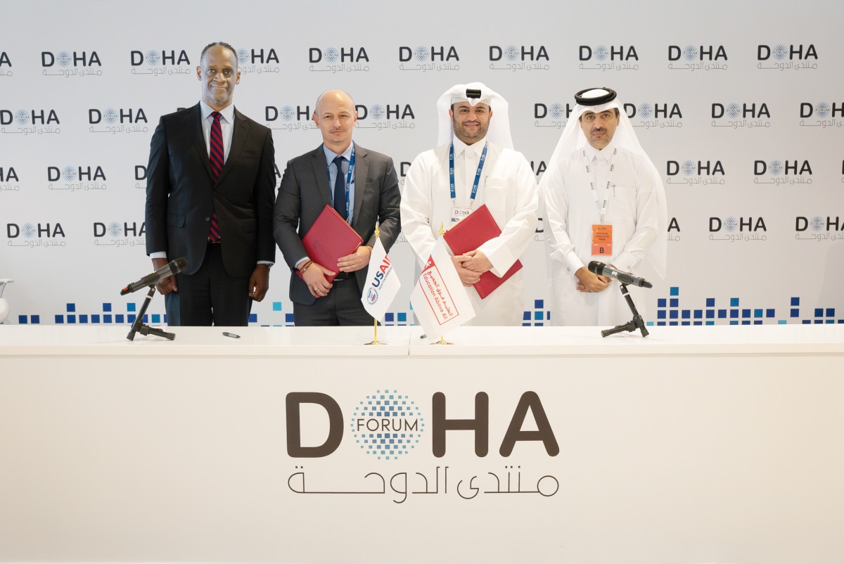 US Ambassador to Qatar HE Timmy Davis (first left); Acting CEO of EAA Foundation Mohammed Al Kubaisi (second right); and USAID Mission Director for Afghanistan Joel Sandefur (second left) at the agreement signing yesterday. 