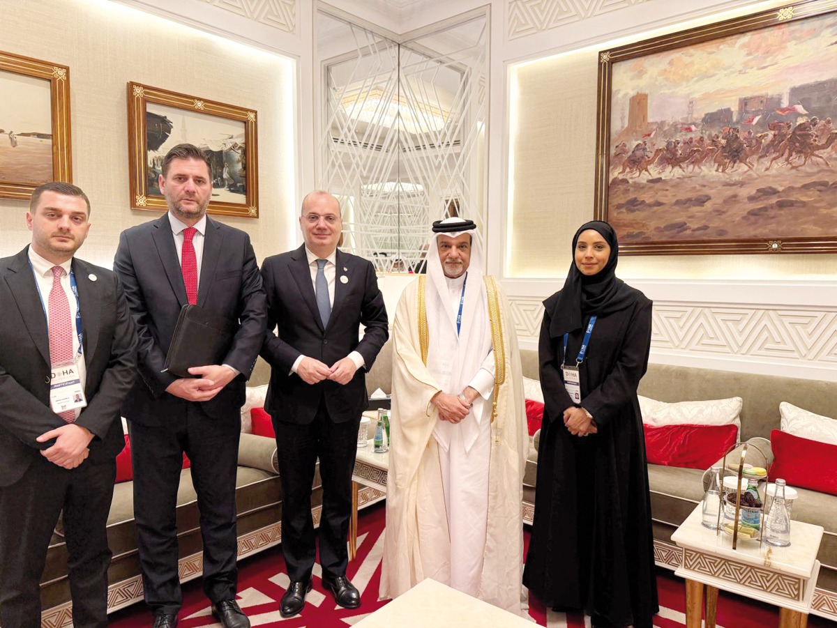 Minister for Europe and Foreign Affairs of the Republic of Albania, H E Igli Hasani with Board Member of Qatar Chamber, Mohammed bin Ahmed Al Obaidli and other officials during the meeting.