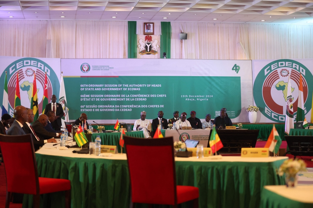 A general view of the Banquet Hall during the Economic Community of West African States (ECOWAS) 66th Ordinary Session of the Authority of Heads of States and Government in Abuja on December 15, 2024. (Photo by Kola Sulaimon / AFP)