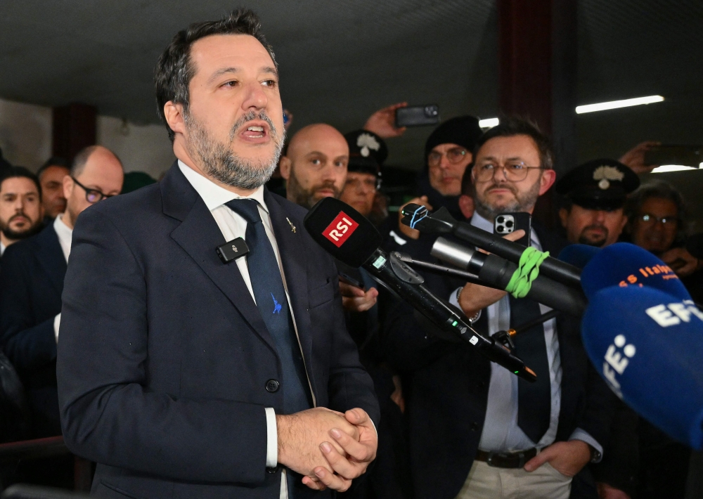 Italy's Deputy Prime Minister Matteo Salvini addresses media at the Bunker Courtroom of the Pagliarelli prison in Palermo on December 20, 2024.(Photo by Alberto Pizzoli / AFP)