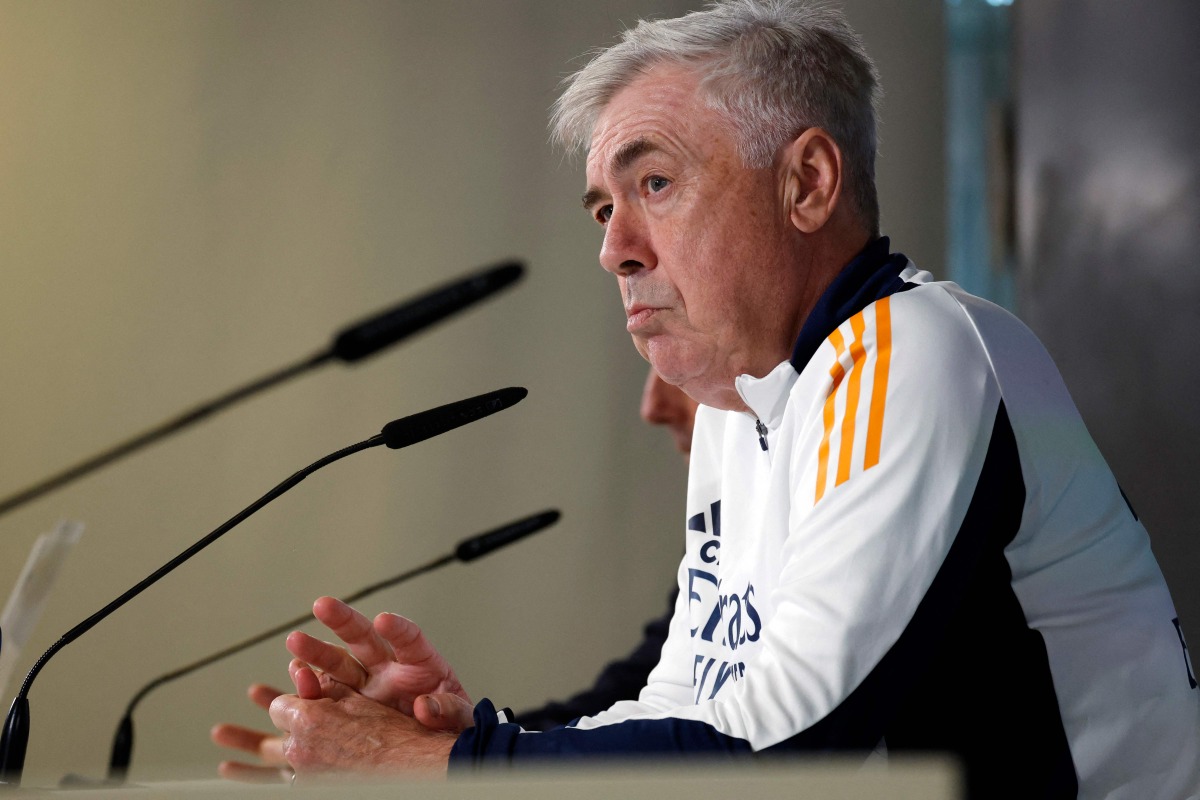 Real Madrid's Italian coach Carlo Ancelotti gives a press conference at Real Madrid Sports City in Valdebebas, in the outskirts of Madrid, on December 21, 2024. (Photo by OSCAR DEL POZO / AFP)
