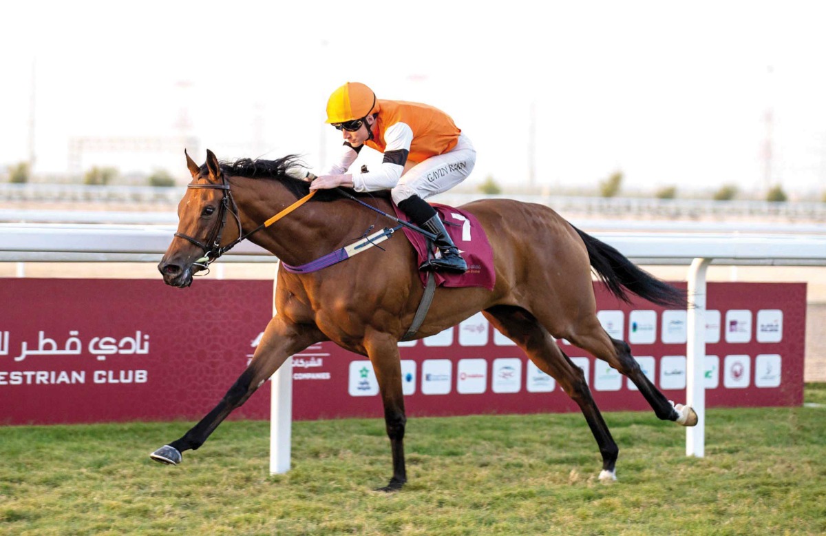 Gavin Matt Ryan guides Kerindia towards the finish line in the Sawda Natheel Stakes Thoroughbred race. PIC: Juhaim/QREC