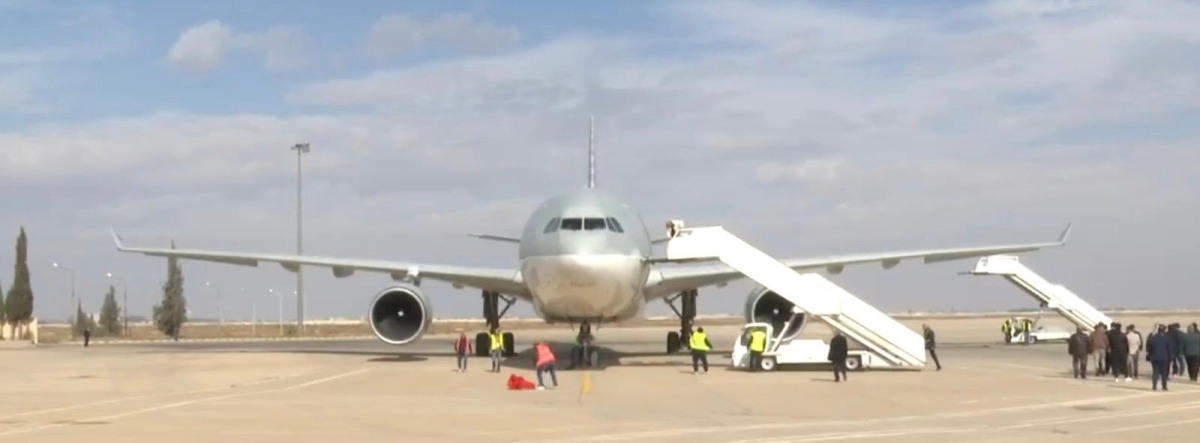 The first Qatar Airways flight to Damascus since the fall of the Assad Regime. Photo taken from a video released by Al Araby TV. 