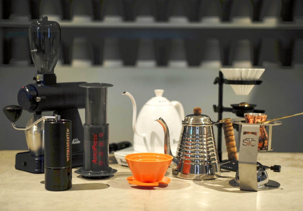 Some of the coffee-making tools available at Ogawa Coffee Laboratory Shimokitazawa. Photo by The Japan News