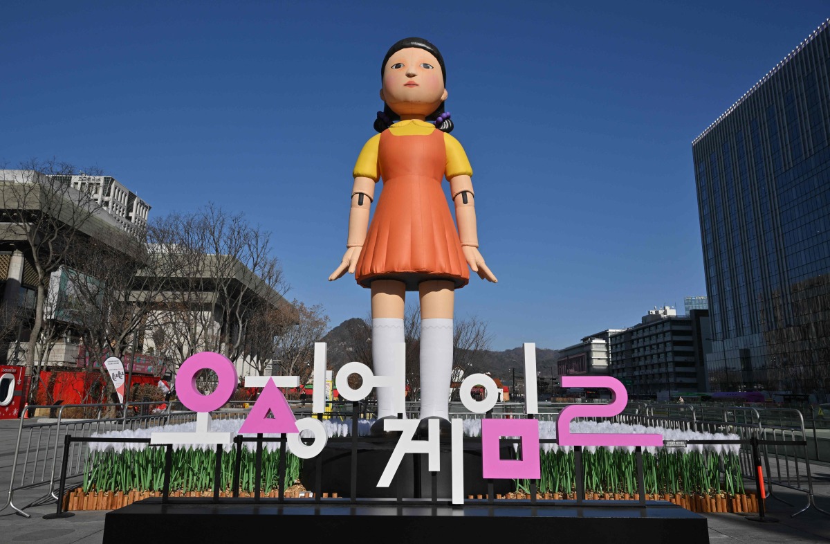 An inflatable Young-hee doll is displayed to promote Netflix's South Korean series 