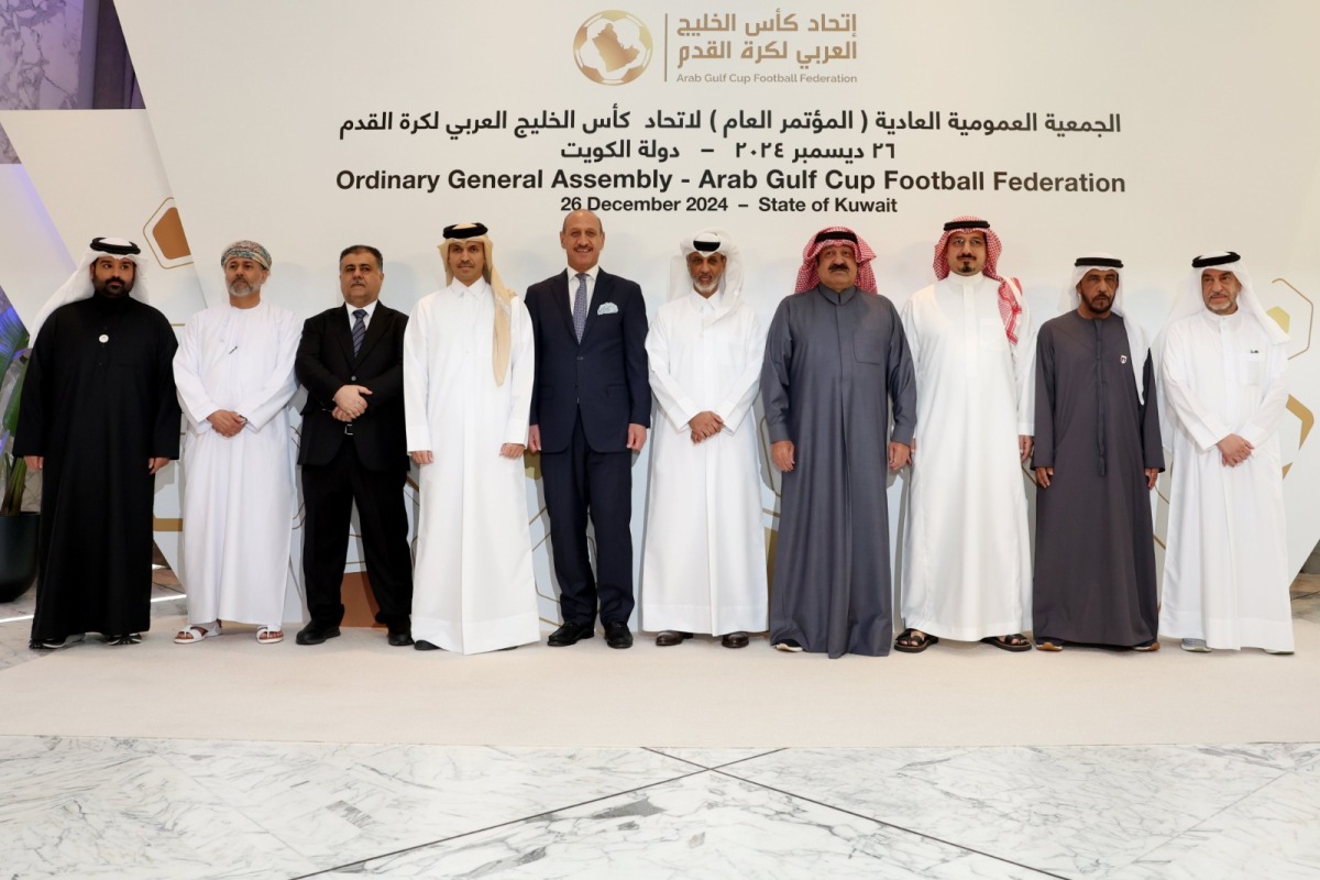 Minister of Sports and Youth and AGCFF President H E Sheikh Hamad bin Khalifa bin Ahmed Al Thani poses for a group photo with heads of AGCFF member federations including President of Qatar Football Association Jassim bin Rashid Al Buenain. AGCFF Secretary-General Jassim Al Rumaihi is also present.