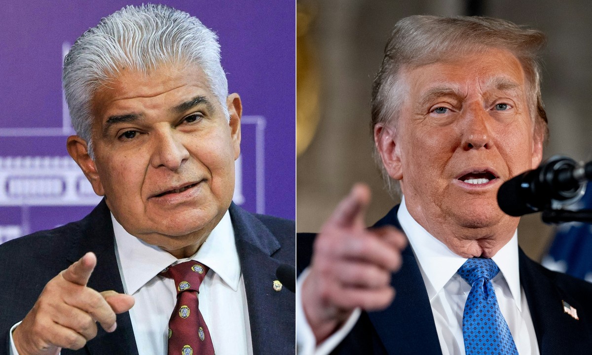 (COMBO) This combination of file pictures created on December 22, 2024 shows a handout picture released by the Panamanian Presidency of President Jose Raul Mulino (L) speaking during a press conference at the Las Garzas government palace in Panama City, on October 3, 2024 and U.S. President-elect Donald Trump speaks at a news conference at Trump's Mar-a-Lago resort on December 16, 2024 in Palm Beach, Florida. (Photo by Handout and Andrew Harnik / various sources / AFP)