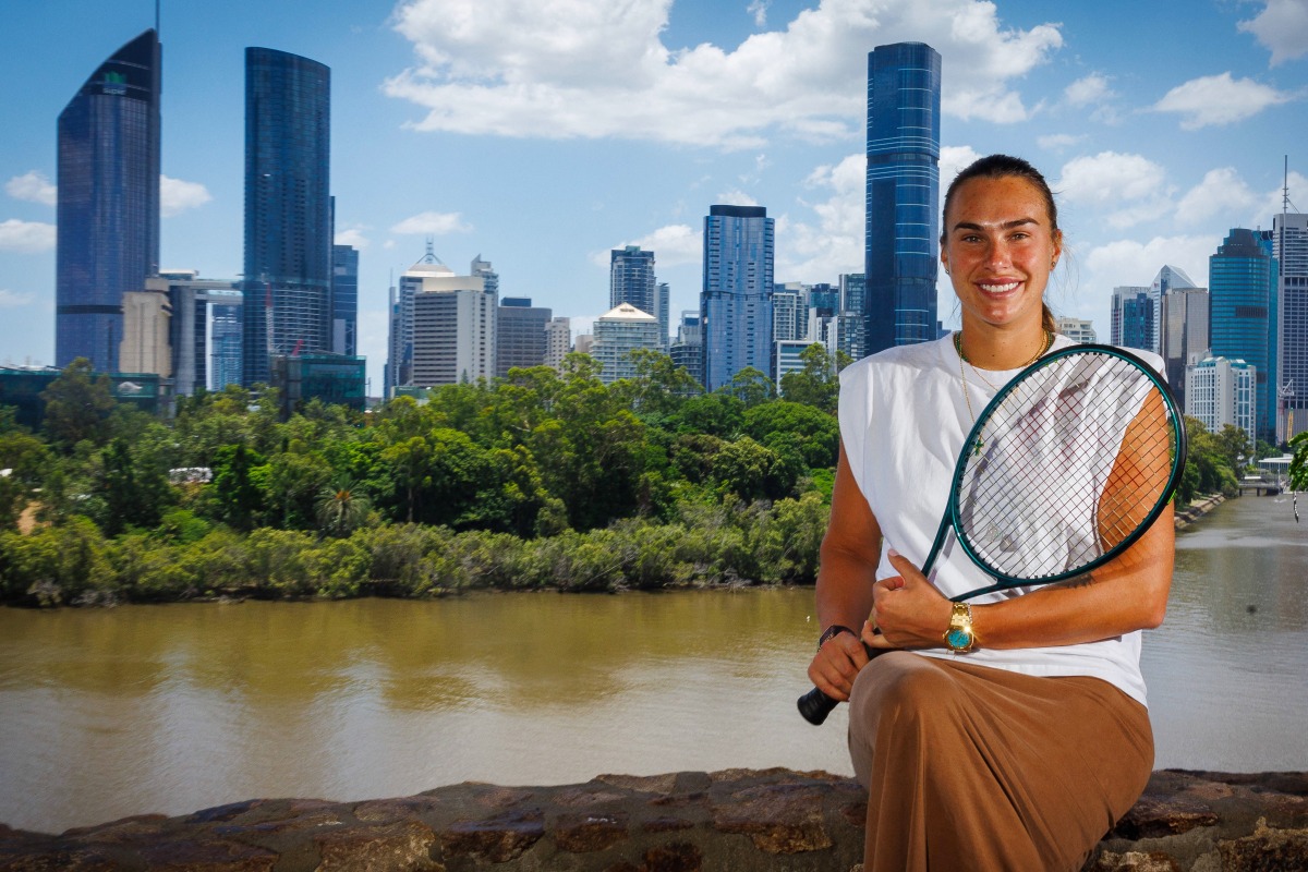 Belarus' Aryna Sabalenka poses during a media conference ahead of the Brisbane International tennis tournament at Kangaroo Point Cliffs in Brisbane on December 24, 2024. (Photo by Patrick Hamilton / AFP) 
