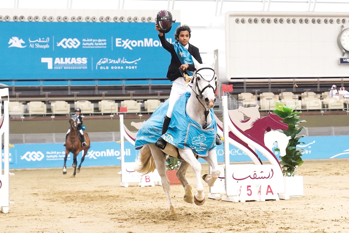 Abdullah bin Tamim bin Hamad Al Thani celebrates after dominating the CSICh-B Future Champions (1.10m) class.