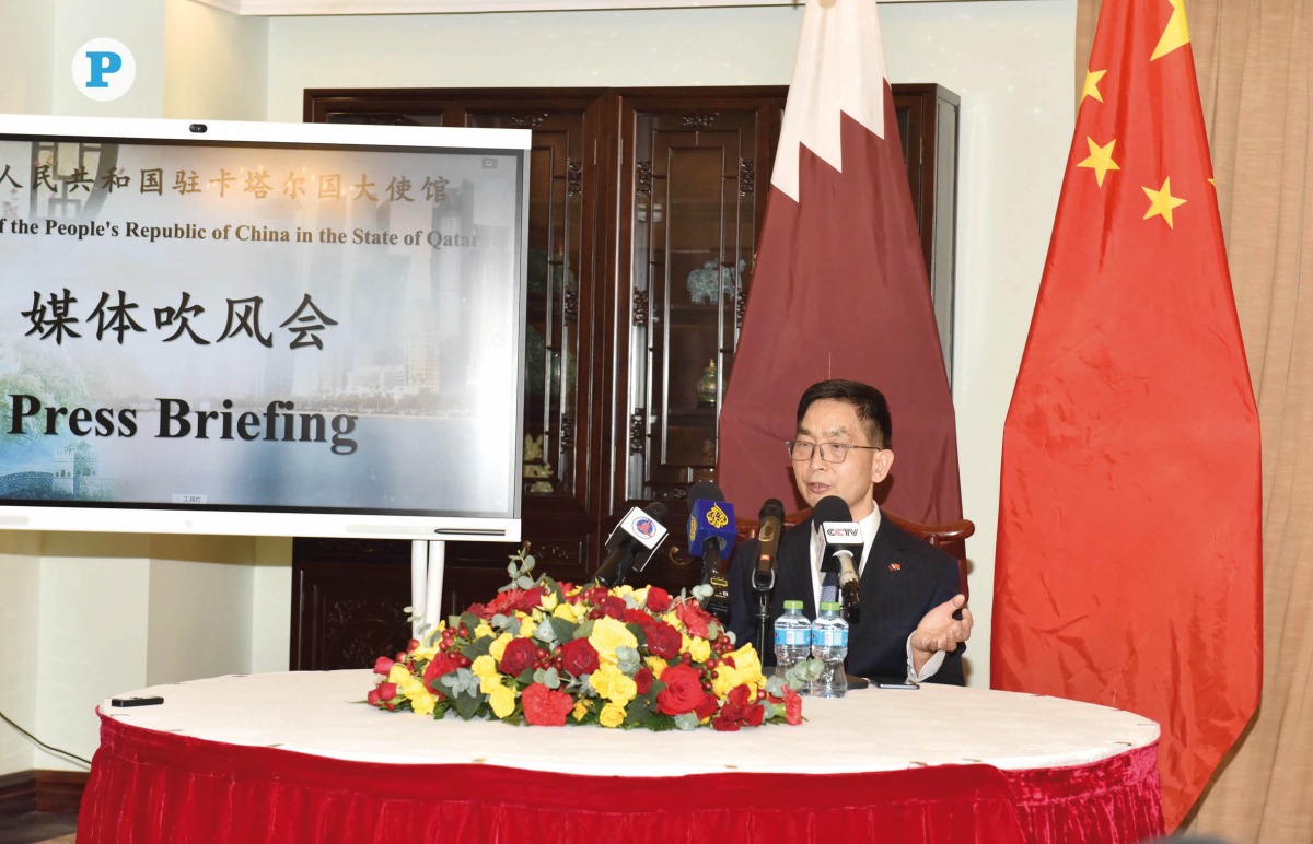 The Ambassador of the People’s Republic of China to Qatar H E Cao Xiaolin, addressing the media at briefing held at his residence in Doha yesterday. Pic: Salim Matramkot / the peninsula 