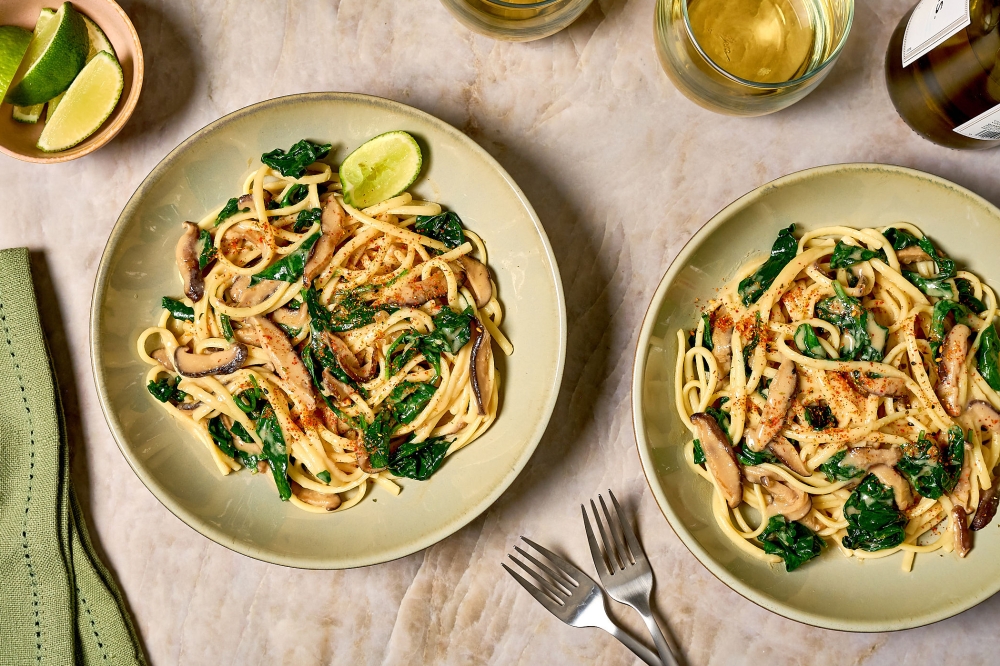 Linguine With miso Butter, Shiitakes and Spinach. (Photo by Peggy Cormary for The Washington Post)