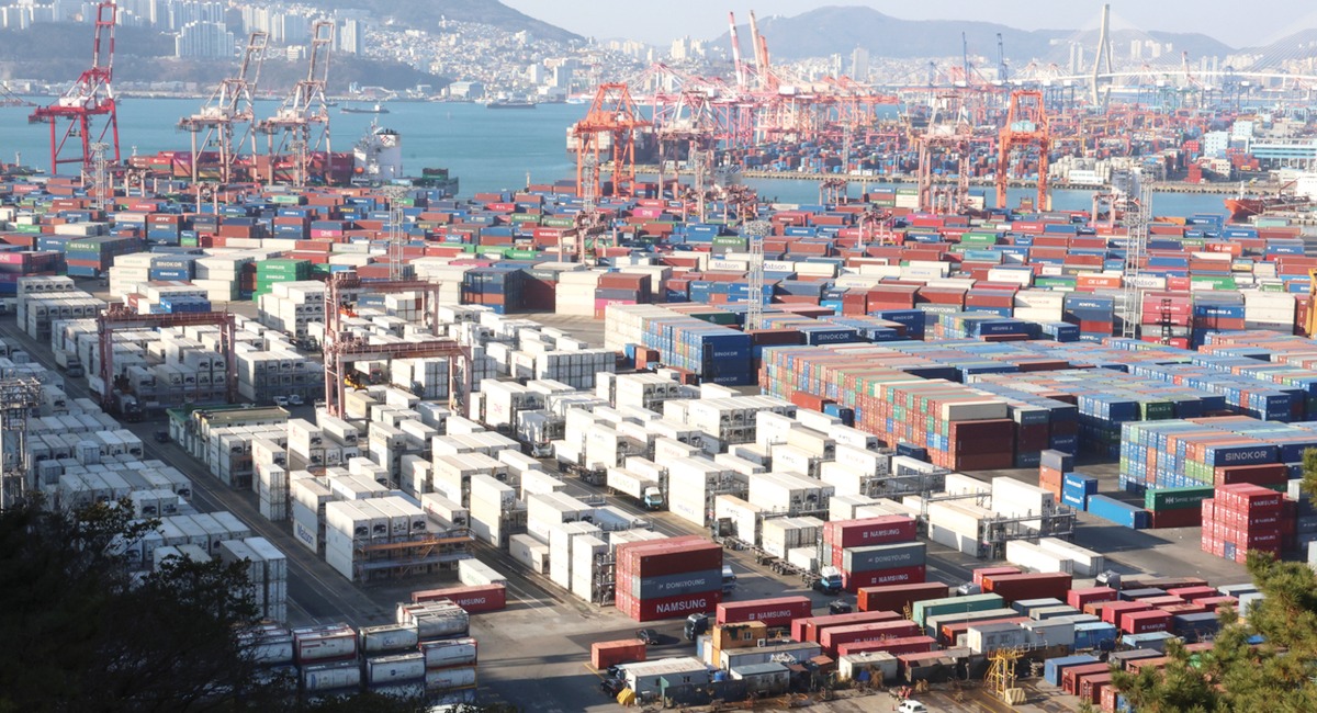 Containers are stacked at a port in the southeastern city of Busan. 