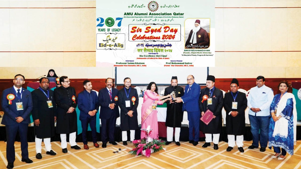 Ambassador of India to Qatar H E Vipul (fifth right) with other officials and guests during the event.