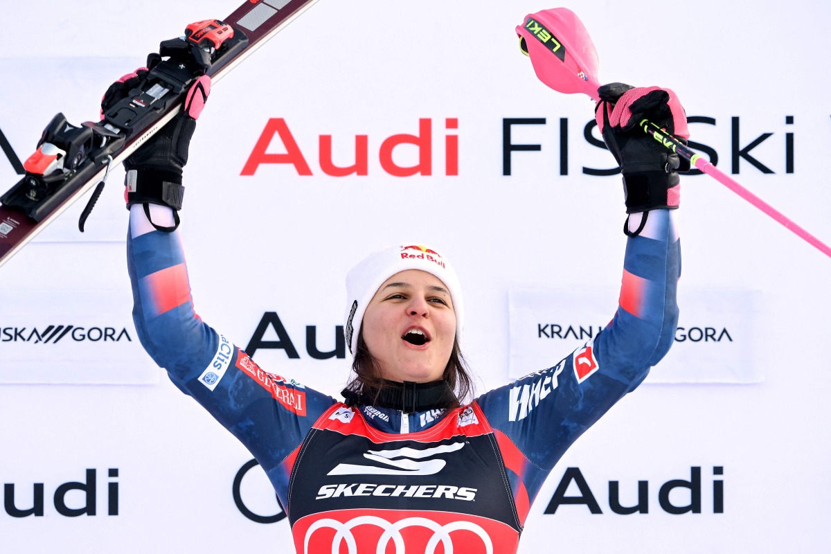 Winner Croatia's Zrinka Ljutic celebrates during the podium ceremony after the Women's Slalom as part of the FIS Alpine ski world Cup 2024-2025 in Kranjska Gora, Slovenia, on January 5, 2025. (Photo by Jure Makovec / AFP)