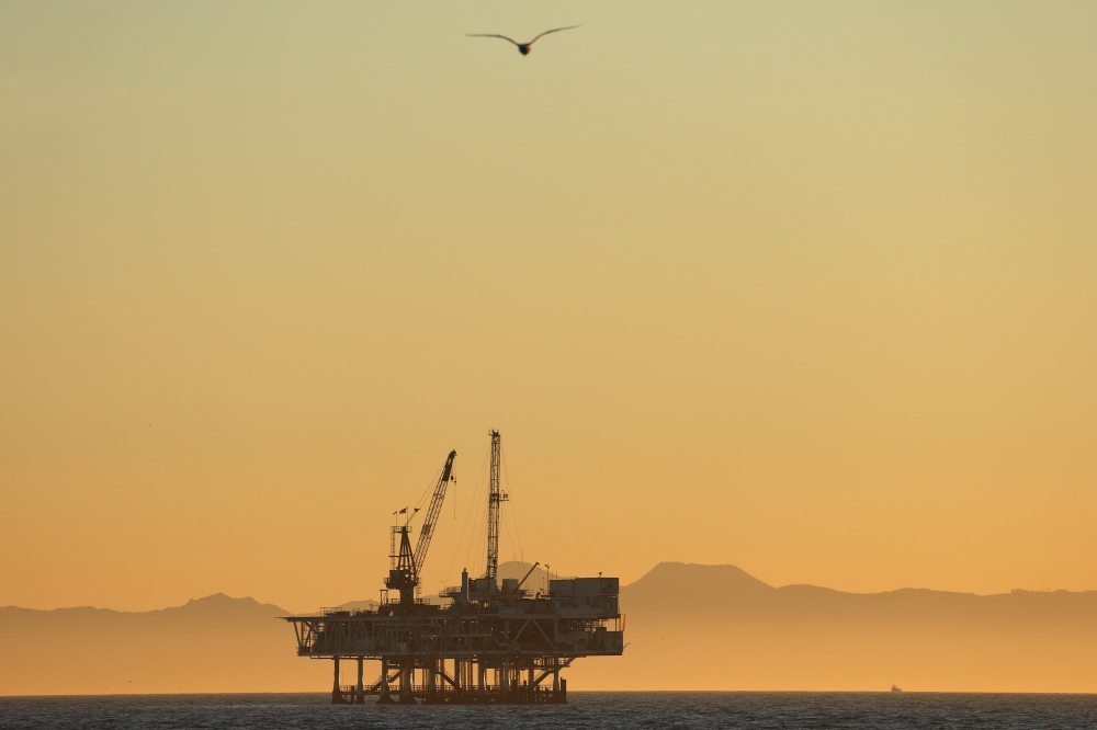 A gull flies with offshore oil and gas platform Esther in the distance on January 5, 2025 in Seal Beach, California. (Photo by Mario Tama/Getty Images/AFP)