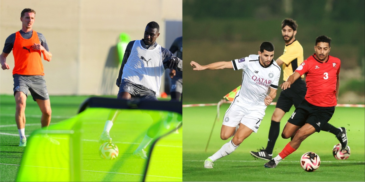 Al Duhail’s Almoez Ali (left) along with teammates takes part in a training session on Monday January 6, 2025; and (right) Al Sadd played several friendlies during the winter break. 