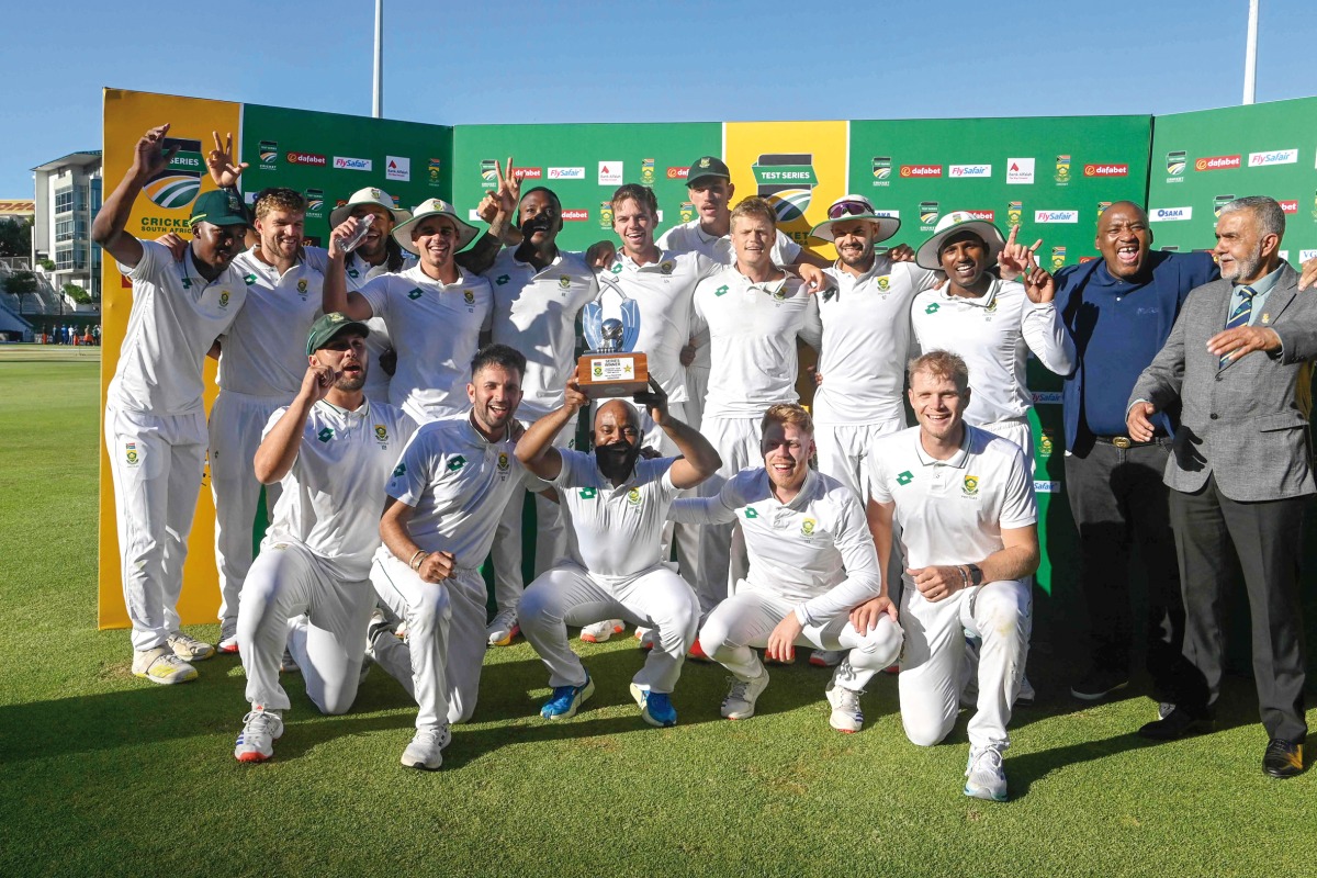 South Africa’s players celebrate after winning the Test series against Pakistan.