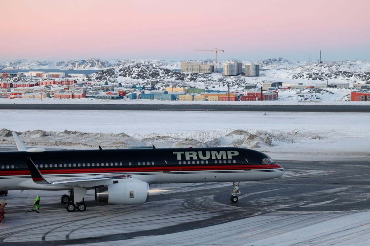 An aircraft alledgedly carrying US businessman Donald Trump Jr. arrives in Nuuk, Greenland on January 7, 2025. (Photo by Emil STACH / Ritzau Scanpix / AFP) / Denmark OUT
