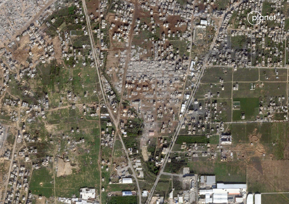 This handout satellite picture obtained from Planet Labs PBC dated on January 3, 2025, shows buildings destroyed in Beit Hanun in the northern part of the coastal Palestinian territory. (Photo by Planet Labs PBC / AFP)