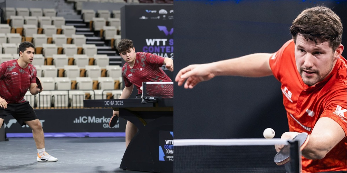 (left) Qatar’s Rawad Al Naser and Ahmed Korani in action during the men's doubles qualifying round. (right) Swedish top seed Kristian Karlsson advanced by defeating Romania’s Julian 
Chirita 3-1