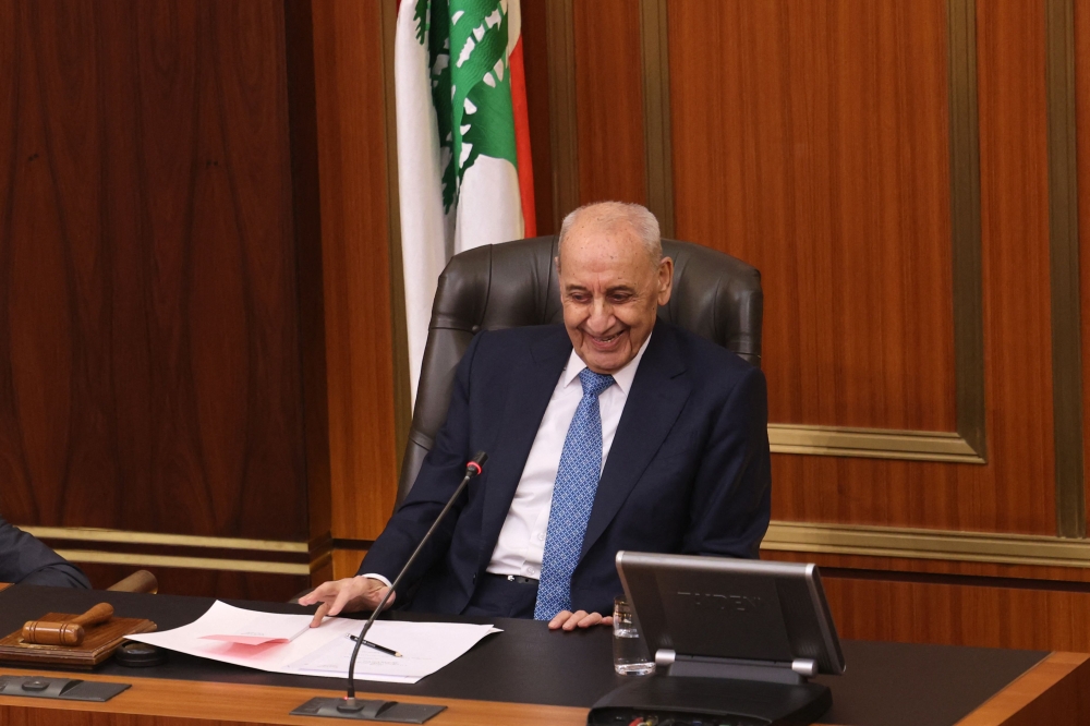 Lebanon's parliament speaker Nabih Berri chairs a parliamentary session to elect a president, in Beirut, on January 9, 2025. (Photo by Anwar Amro / AFP)