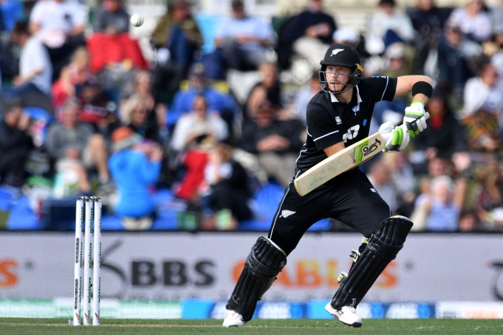 New Zealand's Martin Guptill plays a shot during the second one-day international cricket match between New Zealand and Bangladesh at Hagley Oval in Christchurch on February 16, 2019. / AFP / Marty MELVILLE