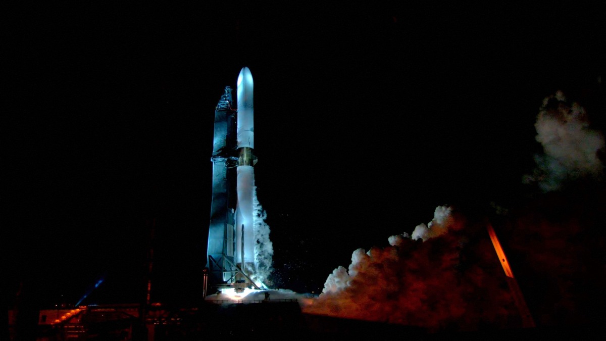 This undated handout picture courtesy of Blue Origin shows the New Glenn rocket during a successful integrated vehicle hotfire at Launch Complex 36 (LC-36) at Cape Canaveral Space Force Station, Florida. Photo by BLUE ORIGIN / AFP